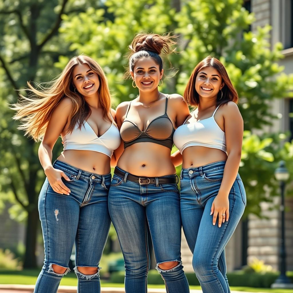 A stunning photograph featuring three beautiful Caucasian shapely college girls standing together, confidently wearing tight blue jeans that highlight their wide hips and full bellies, paired with fashionable bra tops