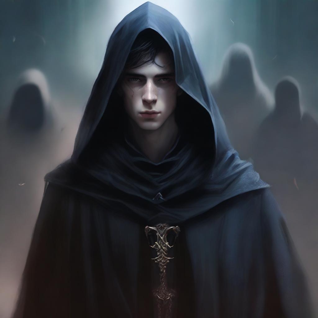 A high-quality digital art piece in a fantasy style, presenting a young man shrouded in a long, dark cloak