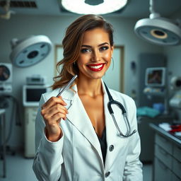 A flirty female coroner with an alluring smile, standing in a well-lit autopsy room