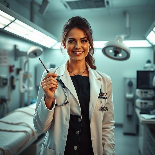 A flirty female coroner with an alluring smile, standing in a well-lit autopsy room