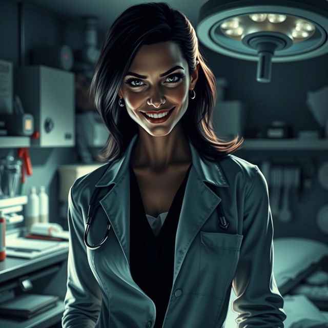 A female coroner with a deadly grin, standing confidently in an autopsy room filled with medical tools and evidence