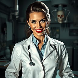 A female coroner with a deadly grin, standing confidently in an autopsy room filled with medical tools and evidence