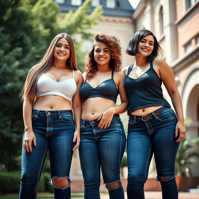 A captivating photograph featuring three beautiful Caucasian shapely college girls standing together, confidently dressed in tight blue jeans that accentuate their extremely wide hips and full bellies, paired with stylish, form-fitting bra tops