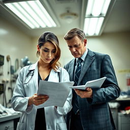 A female coroner and a detective collaborating in an autopsy room, analyzing evidence under bright fluorescent lights