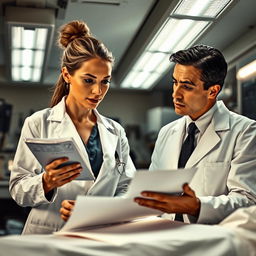 A female coroner and a detective collaborating in an autopsy room, analyzing evidence under bright fluorescent lights