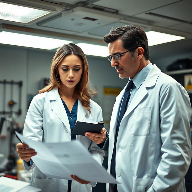 A female coroner and a detective collaborating in an autopsy room, analyzing evidence under bright fluorescent lights