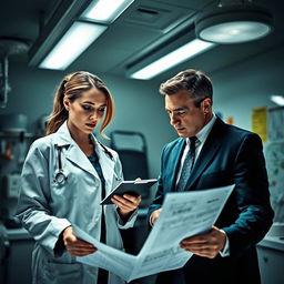 A female coroner and a detective collaborating in an autopsy room, analyzing evidence under bright fluorescent lights