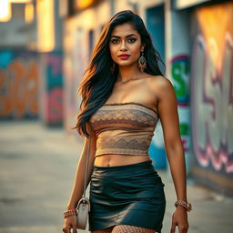 An Indian woman confidently showcasing her style in a fashionable tube top, a mini skirt, and fishnet stockings