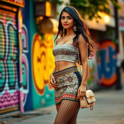 An Indian woman confidently showcasing her style in a fashionable tube top, a mini skirt, and fishnet stockings