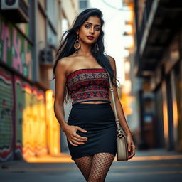 An Indian woman confidently showcasing her style in a fashionable tube top, a mini skirt, and fishnet stockings