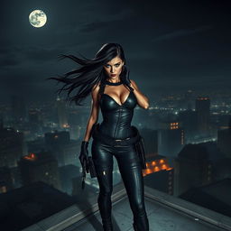 A dangerous female vigilante poised on a rooftop overlooking a gritty urban landscape at night