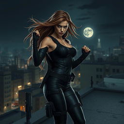 A dangerous female vigilante poised on a rooftop overlooking a gritty urban landscape at night