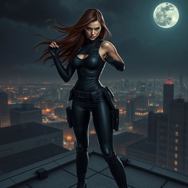 A dangerous female vigilante poised on a rooftop overlooking a gritty urban landscape at night