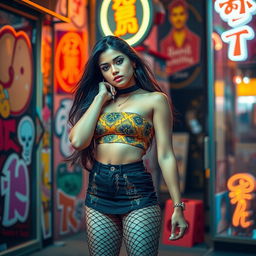 An Indian woman confidently posing in a stylish tube top, mini skirt, and fishnet stockings