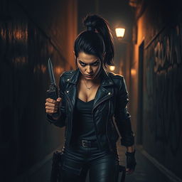 A dangerous female figure lurking in a dimly lit dark alley, surrounded by shadows and the flickering light of a distant streetlamp