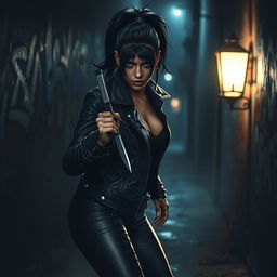 A dangerous female figure lurking in a dimly lit dark alley, surrounded by shadows and the flickering light of a distant streetlamp