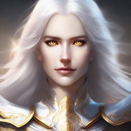 This is a high-quality digital art piece depicting a female Aasimar Paladin