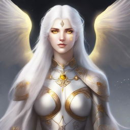 This is a high-quality digital art piece depicting a female Aasimar Paladin