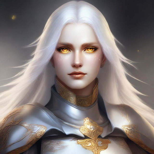 This is a high-quality digital art piece depicting a female Aasimar Paladin