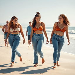A captivating photograph of three beautiful shapely white college girl friends walking along a sunlit beach