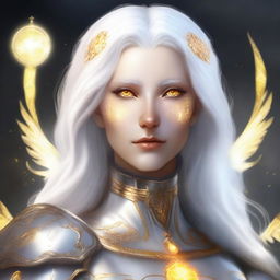 This is a high-quality digital art piece depicting a female Aasimar Paladin