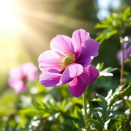A tranquil scene depicting the serene beauty of an anemone flower blooming under soft sunlight