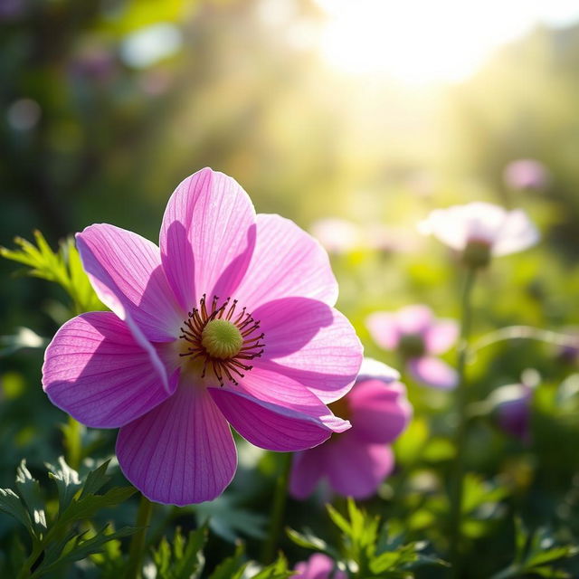 A tranquil scene depicting the serene beauty of an anemone flower blooming under soft sunlight