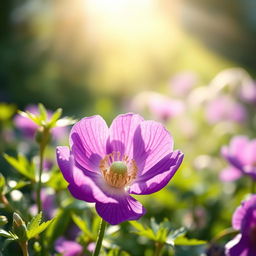 A tranquil scene depicting the serene beauty of an anemone flower blooming under soft sunlight