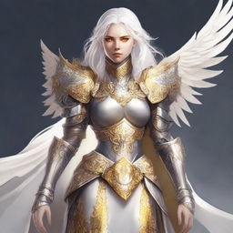 This is a full-body, high-quality digital art piece of a female Aasimar Paladin