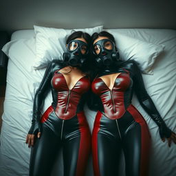 Two alluring slim women with voluminous breasts, clad in tight, glossy black and red latex suits featuring daring crotch zippers