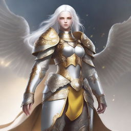 This is a full-body, high-quality digital art piece of a female Aasimar Paladin