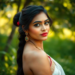 A beautiful Indian woman posed artistically in a serene, natural setting