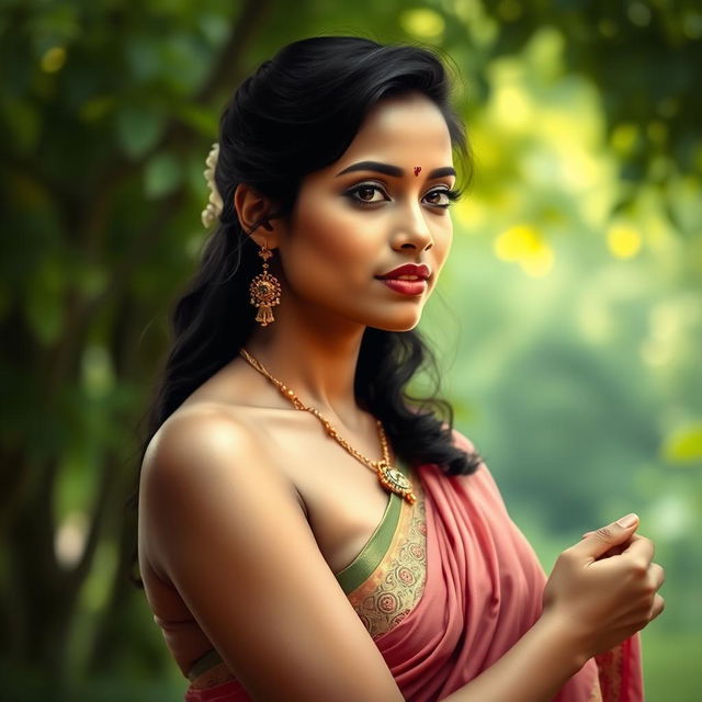 A beautiful Indian woman posed artistically in a serene, natural setting