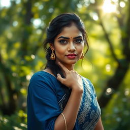 A beautiful Indian woman posed artistically in a serene, natural setting