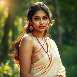 A beautiful Indian woman posed artistically in a serene, natural setting
