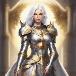 This is a full-body, high-quality digital art piece of a female Aasimar Paladin