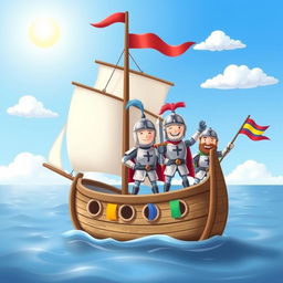 A whimsical and cute medieval ship sailing through a calm sea, adorned with colorful flags
