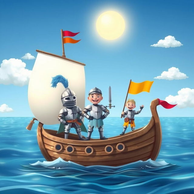 A whimsical and cute medieval ship sailing through a calm sea, adorned with colorful flags