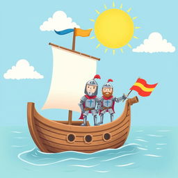 A whimsical and cute medieval ship sailing through a calm sea, adorned with colorful flags