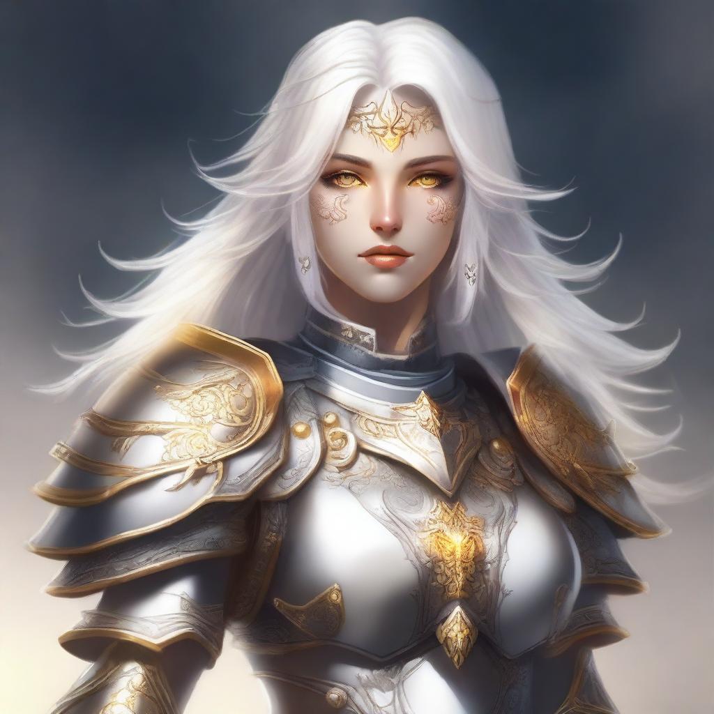 This is a full-body, high-quality digital art piece of a female Aasimar Paladin