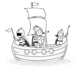 A cute, childlike illustration of a medieval ship sailing on calm waters, featuring three cheerful knights on deck
