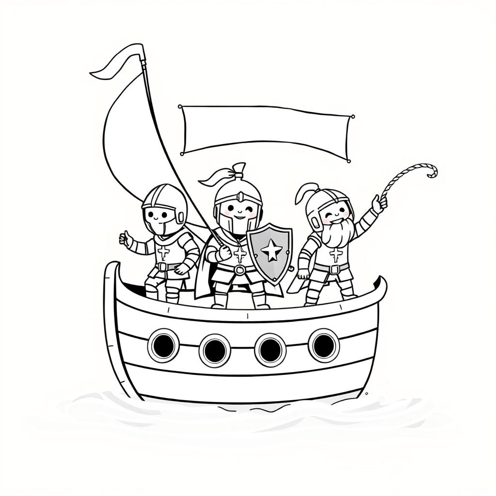 A cute, childlike illustration of a medieval ship sailing on calm waters, featuring three cheerful knights on deck