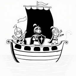 A cute, childlike illustration of a medieval ship sailing on calm waters, featuring three cheerful knights on deck