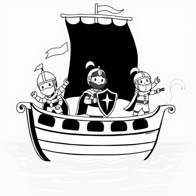 A cute, childlike illustration of a medieval ship sailing on calm waters, featuring three cheerful knights on deck