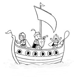 A cute, childlike illustration of a medieval ship sailing on calm waters, featuring three cheerful knights on deck