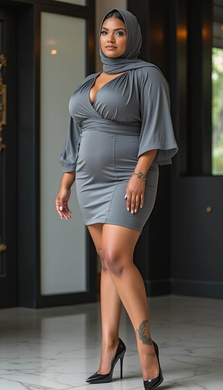 A 40-year-old European woman elegantly standing in high classy heels