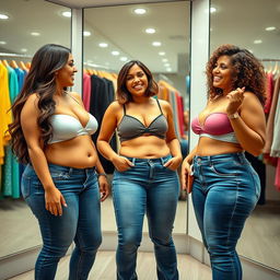 A vibrant photograph capturing three beautiful shapely girl friends in a stylish dressing room, joyfully comparing each other's outfits