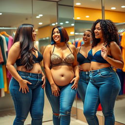 A vibrant photograph capturing three beautiful shapely girl friends in a stylish dressing room, joyfully comparing each other's outfits