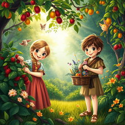 A charming medieval scene set in a lush, vibrant forest, featuring two adorable medieval children happily collecting fruits and flowers