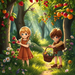 A charming medieval scene set in a lush, vibrant forest, featuring two adorable medieval children happily collecting fruits and flowers